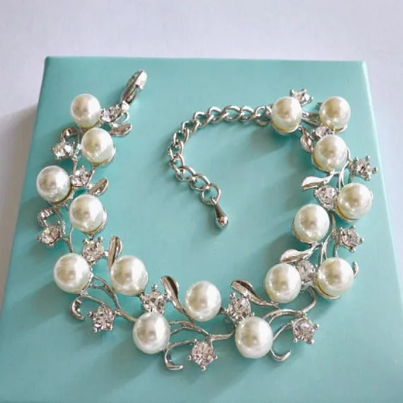 Vine Pearl Bridal Bracelet, Rhinestone Crystal Leaves Woodland Wedding Bracelet, Pearl Wedding Bracelet, Grecian Crystal Leaf Bracelet.