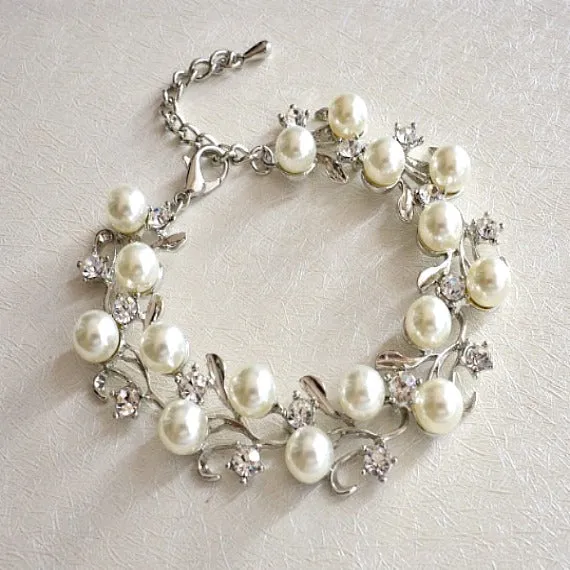 Vine Pearl Bridal Bracelet, Rhinestone Crystal Leaves Woodland Wedding Bracelet, Pearl Wedding Bracelet, Grecian Crystal Leaf Bracelet.
