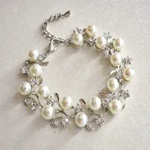 Vine Pearl Bridal Bracelet, Rhinestone Crystal Leaves Woodland Wedding Bracelet, Pearl Wedding Bracelet, Grecian Crystal Leaf Bracelet.