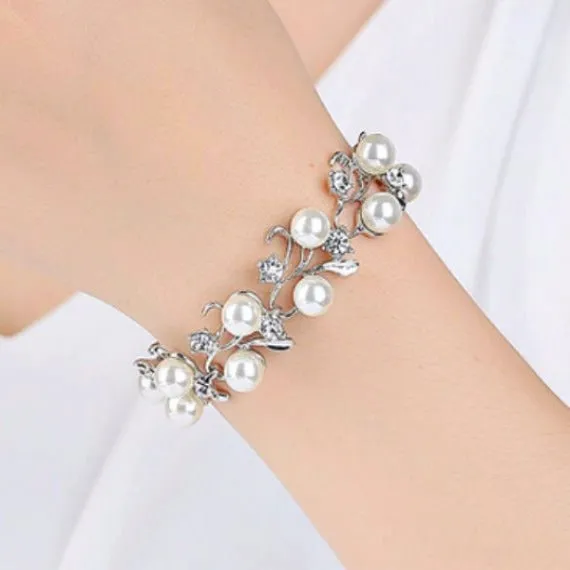 Vine Pearl Bridal Bracelet, Rhinestone Crystal Leaves Woodland Wedding Bracelet, Pearl Wedding Bracelet, Grecian Crystal Leaf Bracelet.