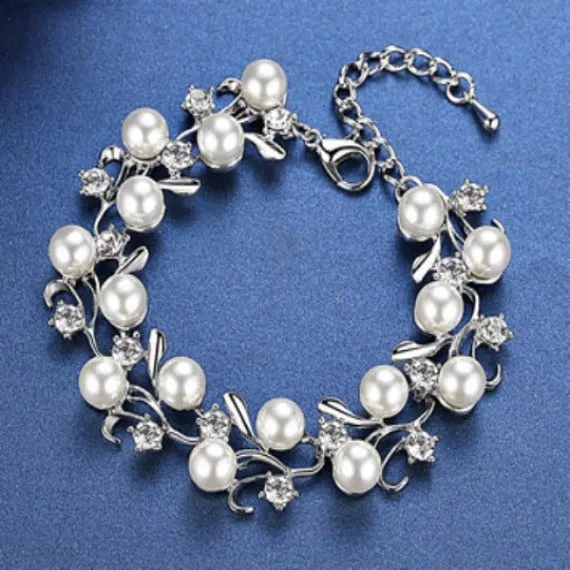 Vine Pearl Bridal Bracelet, Rhinestone Crystal Leaves Woodland Wedding Bracelet, Pearl Wedding Bracelet, Grecian Crystal Leaf Bracelet.