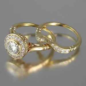 Wedding Jewelry Vintage Gold Color Round Cut Cubic Zircon Bridal Set Rings