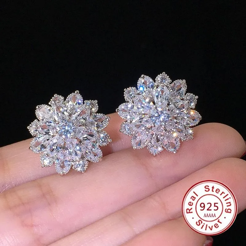 Women Flower Sterling Silver Stud Earrings