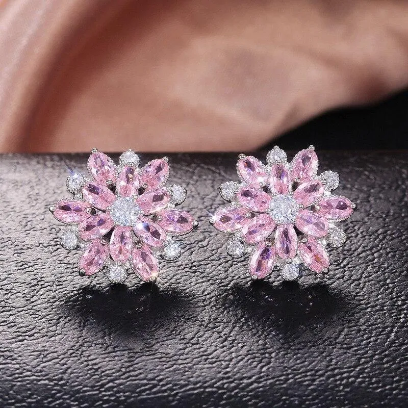 Women Flower Sterling Silver Stud Earrings