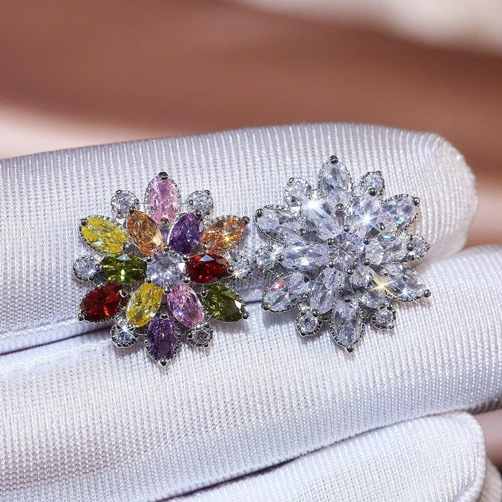 Women Flower Sterling Silver Stud Earrings