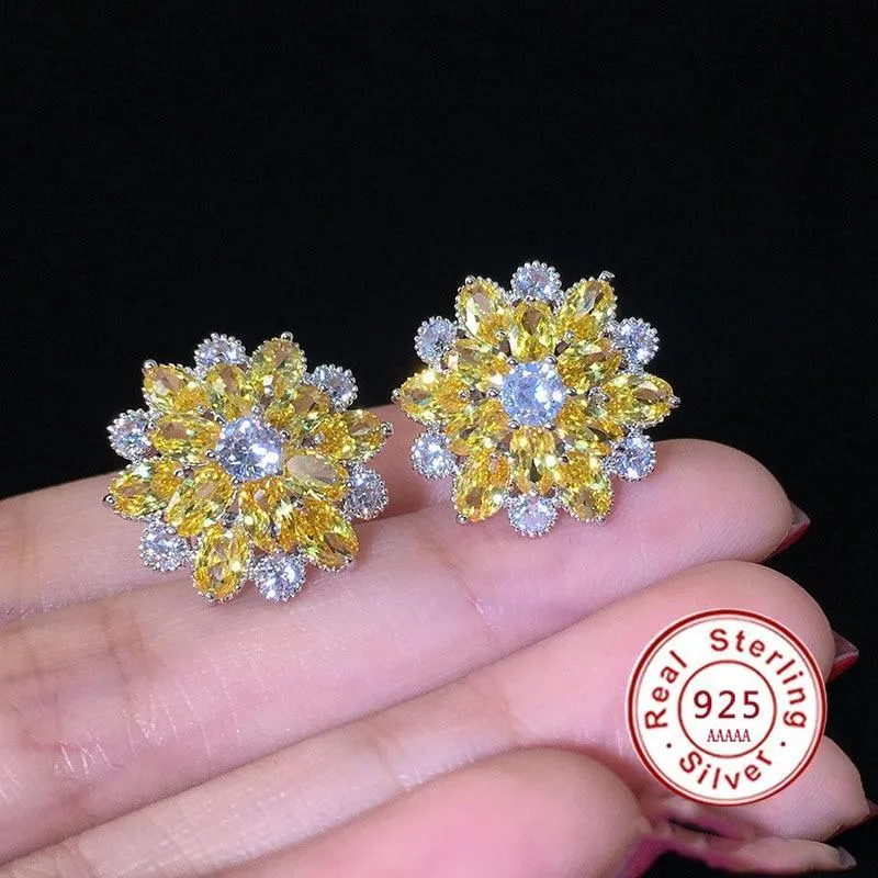 Women Flower Sterling Silver Stud Earrings