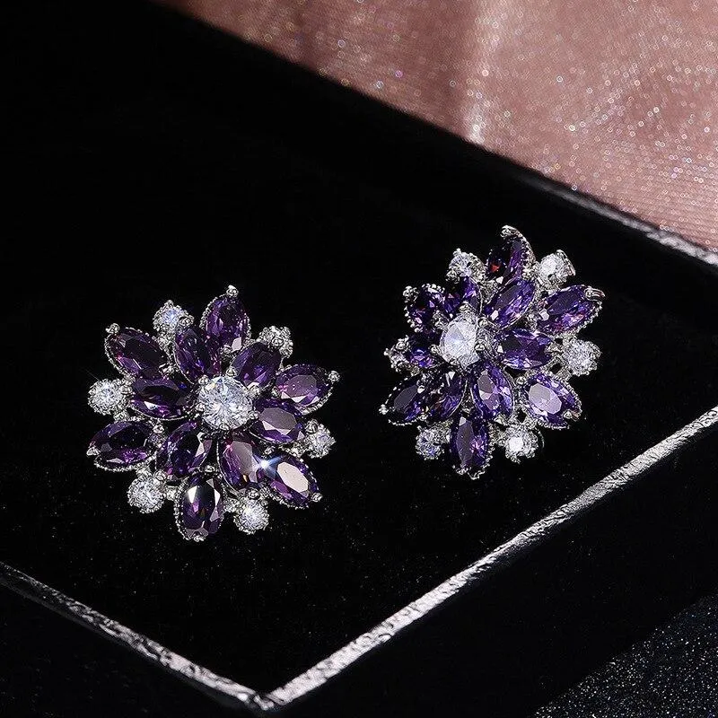Women Flower Sterling Silver Stud Earrings