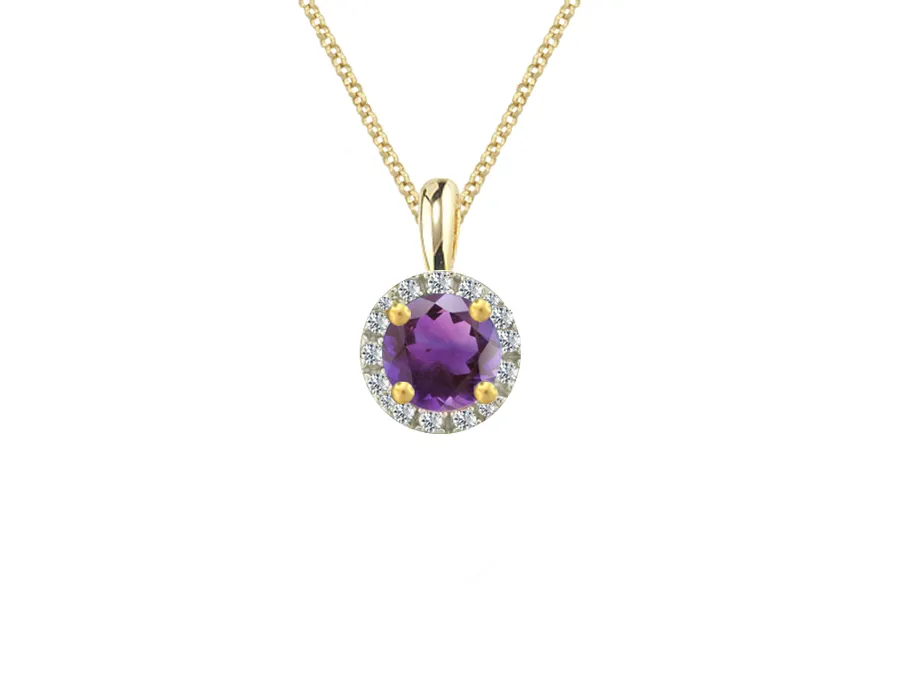 Yellow Gold Amethyst and Diamond Round Cluster Necklace