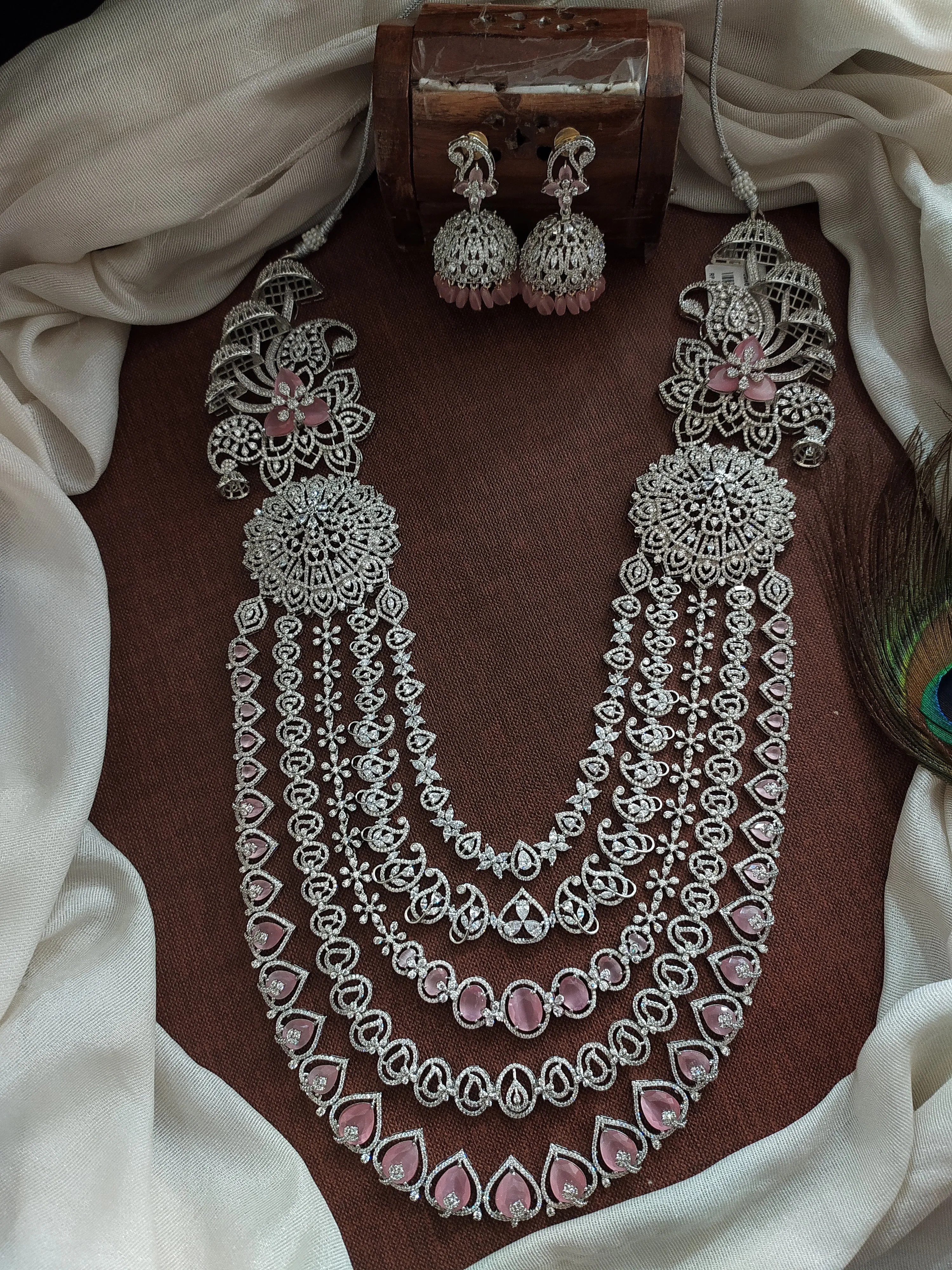 Zircon Layered Bridal Haram Set in Pastel Mint and Baby Pink