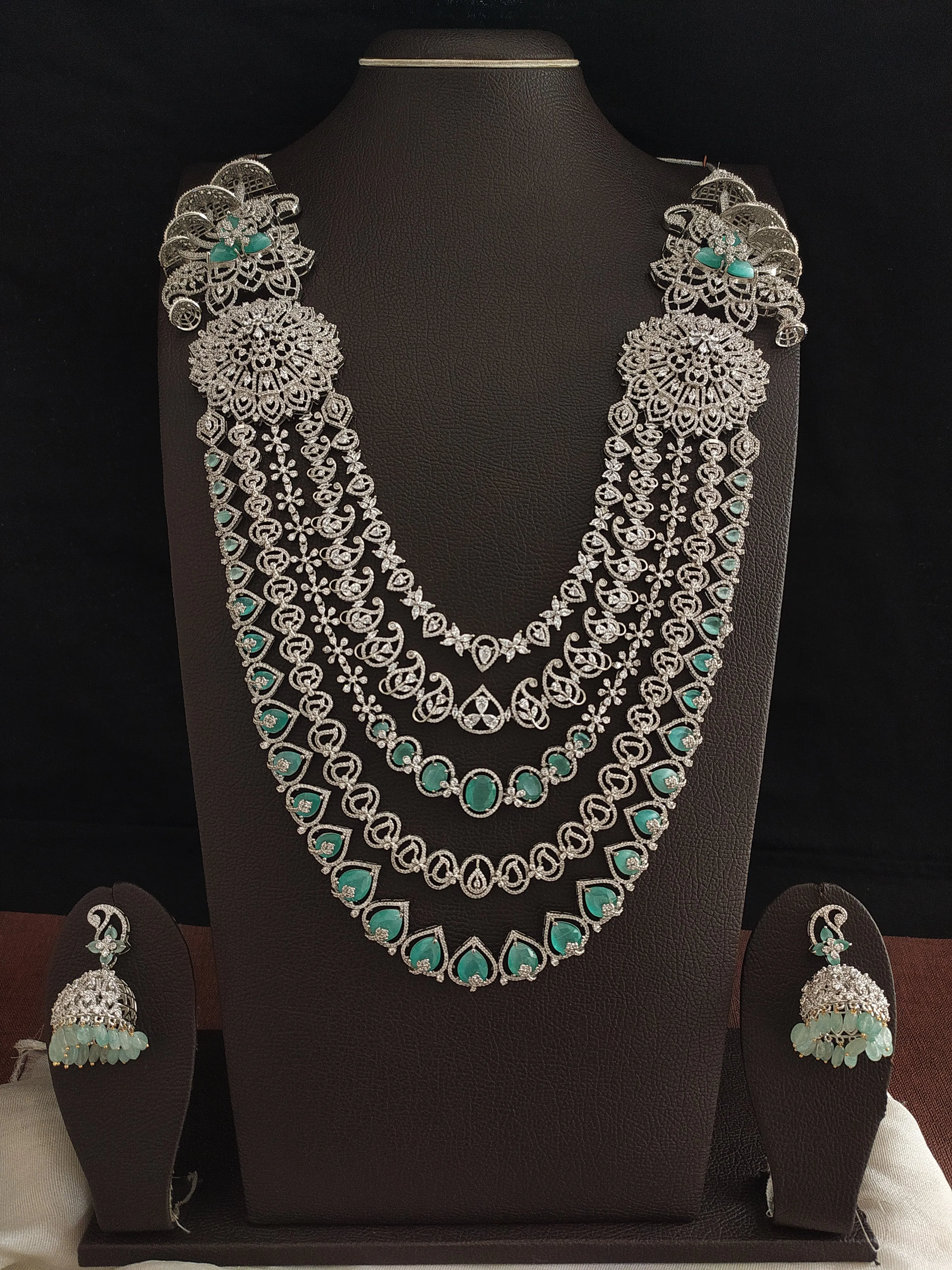 Zircon Layered Bridal Haram Set in Pastel Mint and Baby Pink